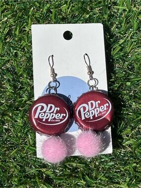 Dr Pepper Bottle Cap Earrings with Pink Pom Poms